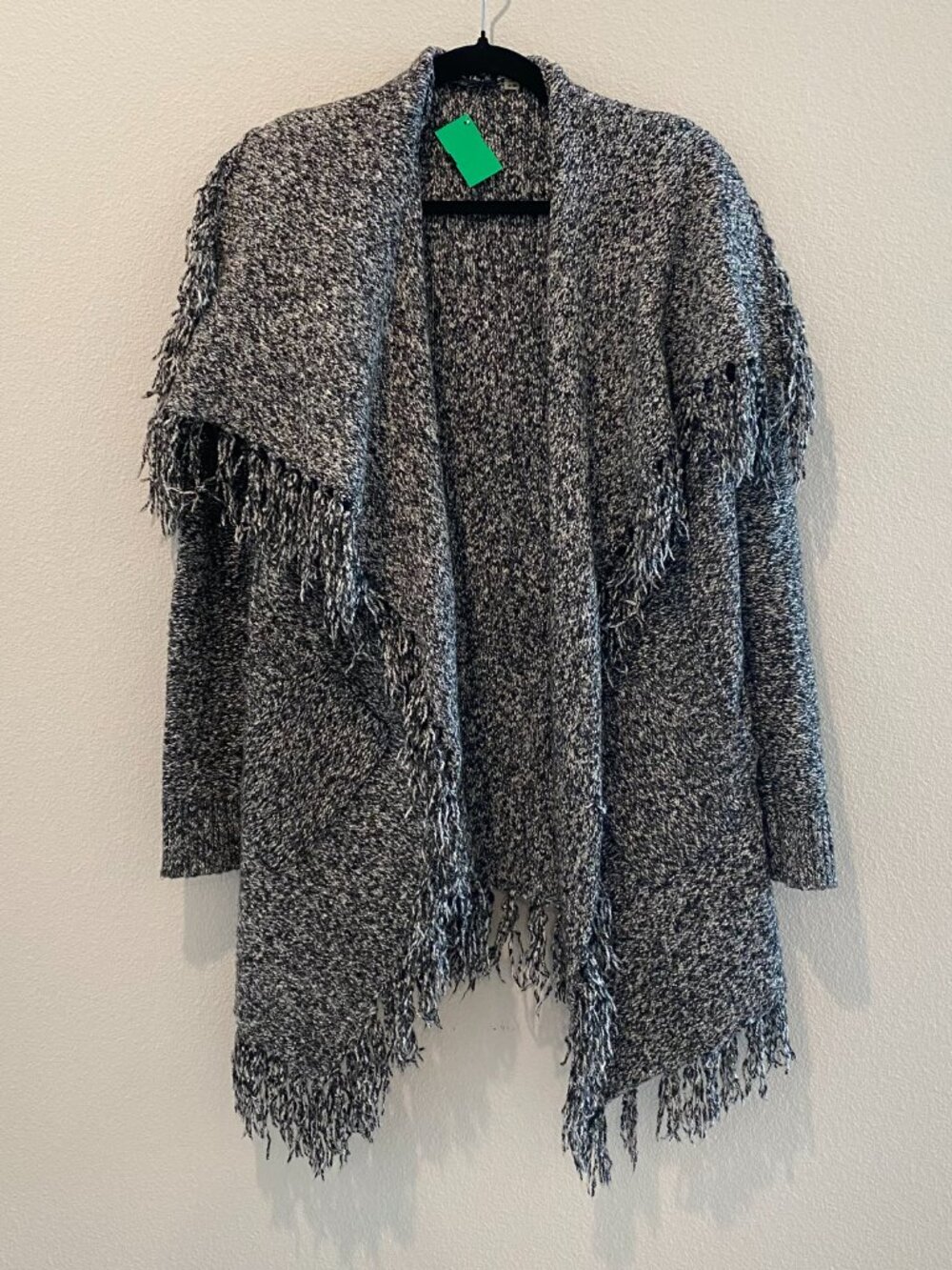 Black Tape Fringe Open Cardigan Medium Black White Marled Knit with Pockets.
